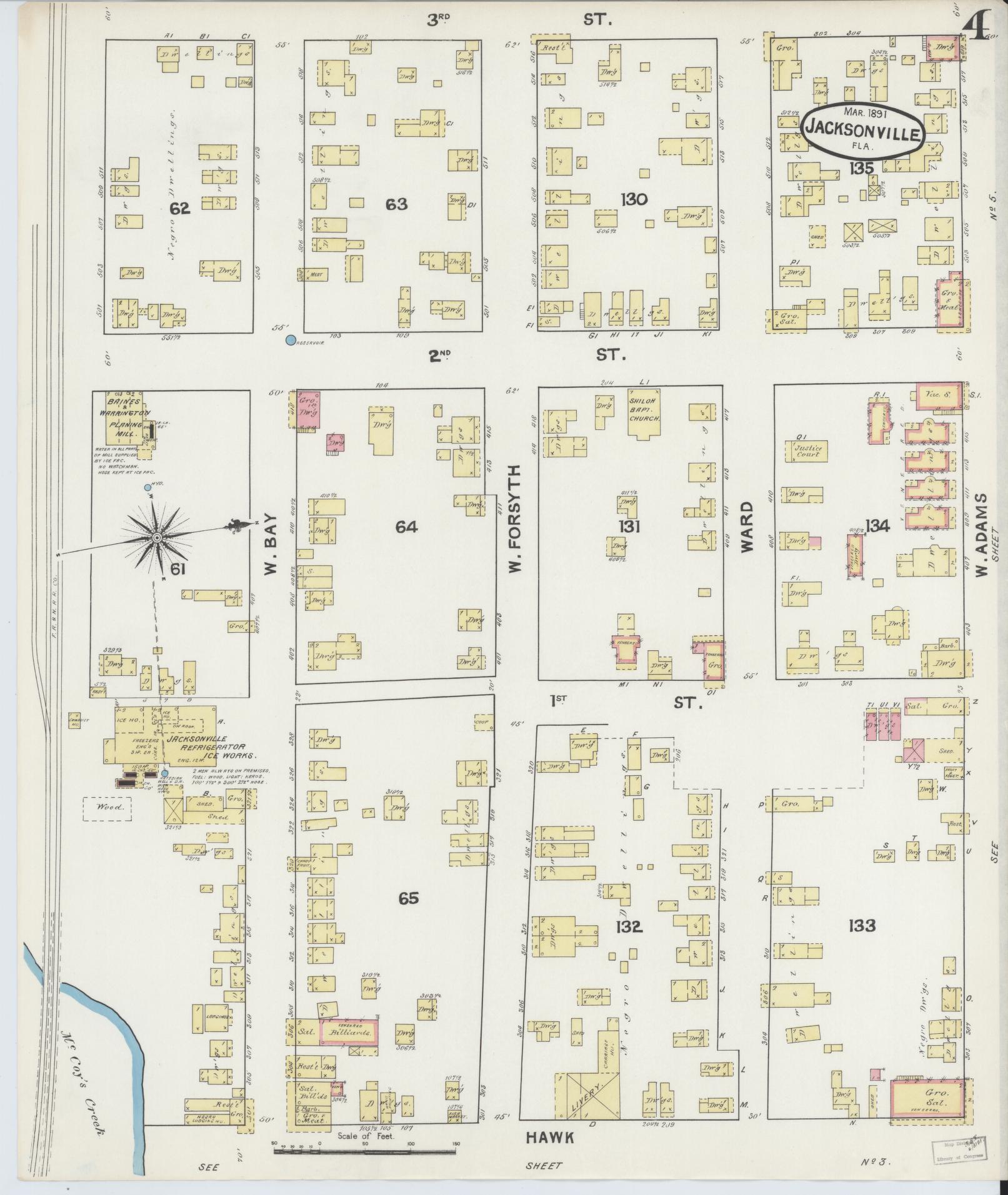 Sanborn Fire Insurance Map from Jacksonville, Duval County, Florida (1891), Sheet #0004 - Historic Sanborn Fire Insurance Map Print, vintage old map wall art, antique decor, genealogy gift, Florida Florida map