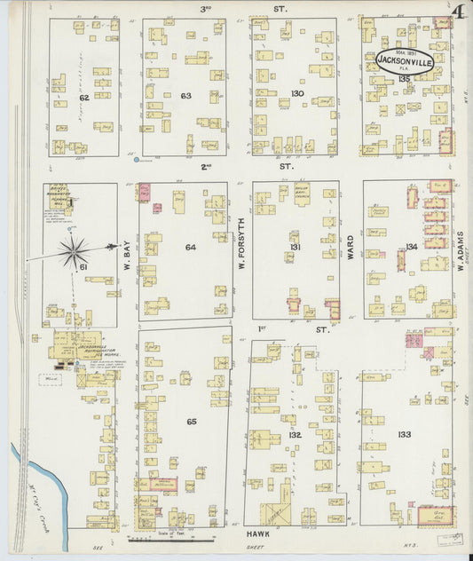 Sanborn Fire Insurance Map from Jacksonville, Duval County, Florida (1891), Sheet #0004 - Historic Sanborn Fire Insurance Map Print, vintage old map wall art, antique decor, genealogy gift, Florida Florida map