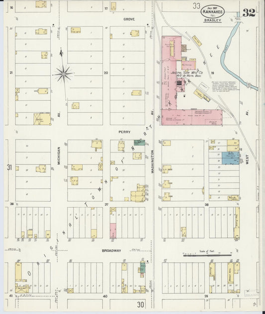 Sanborn Fire Insurance Map from Kankakee, Kankakee County, Illinois (1907), Sheet #0032 - Historic Sanborn Fire Insurance Map Print, vintage old map wall art, antique decor, genealogy gift, Illinois Illinois map