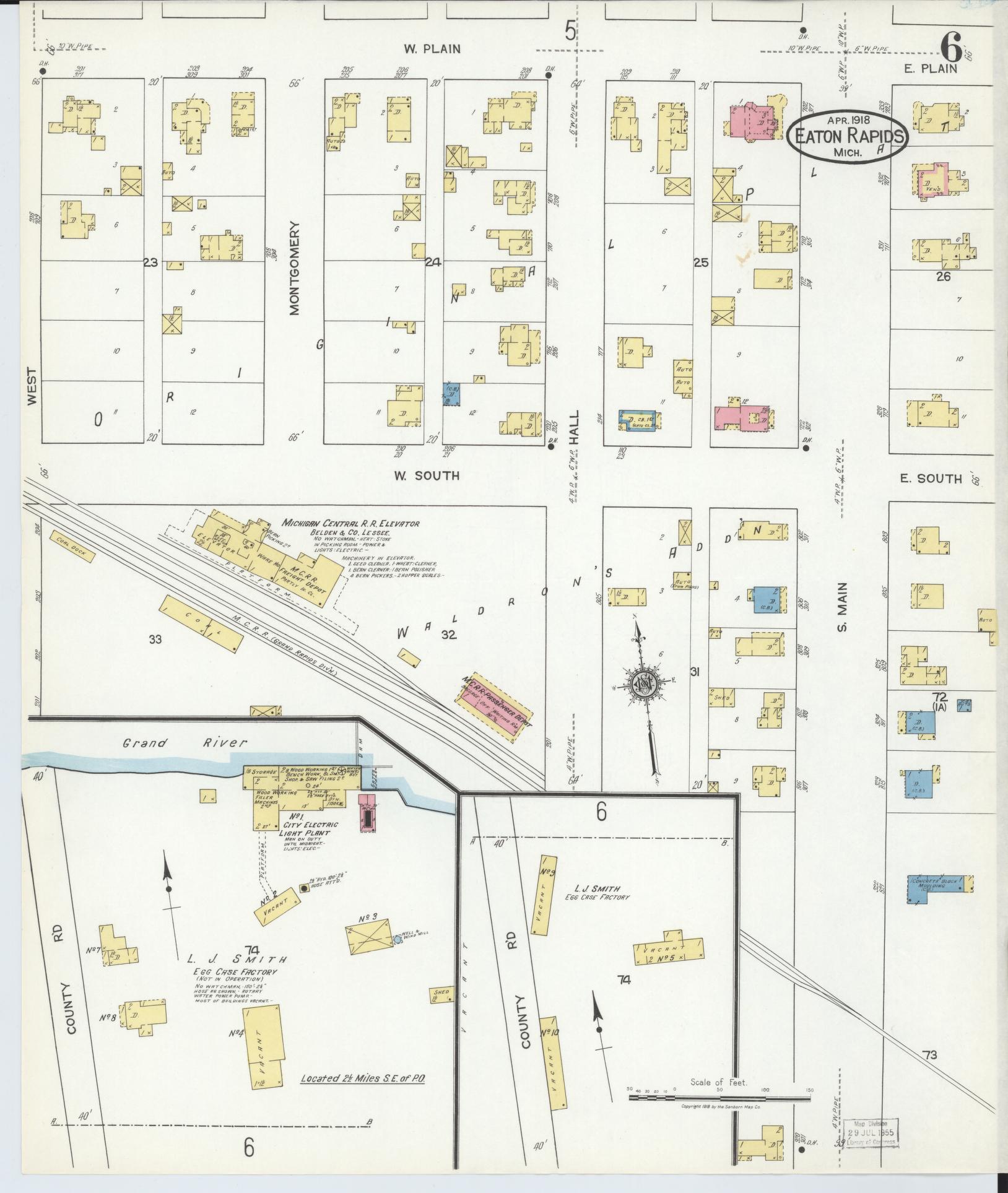 Sanborn Fire Insurance Map from Eaton Rapids, Eaton County, Michigan (1918), Sheet #0006 - Historic Sanborn Fire Insurance Map Print, vintage old map wall art, antique decor, genealogy gift, Michigan Michigan map
