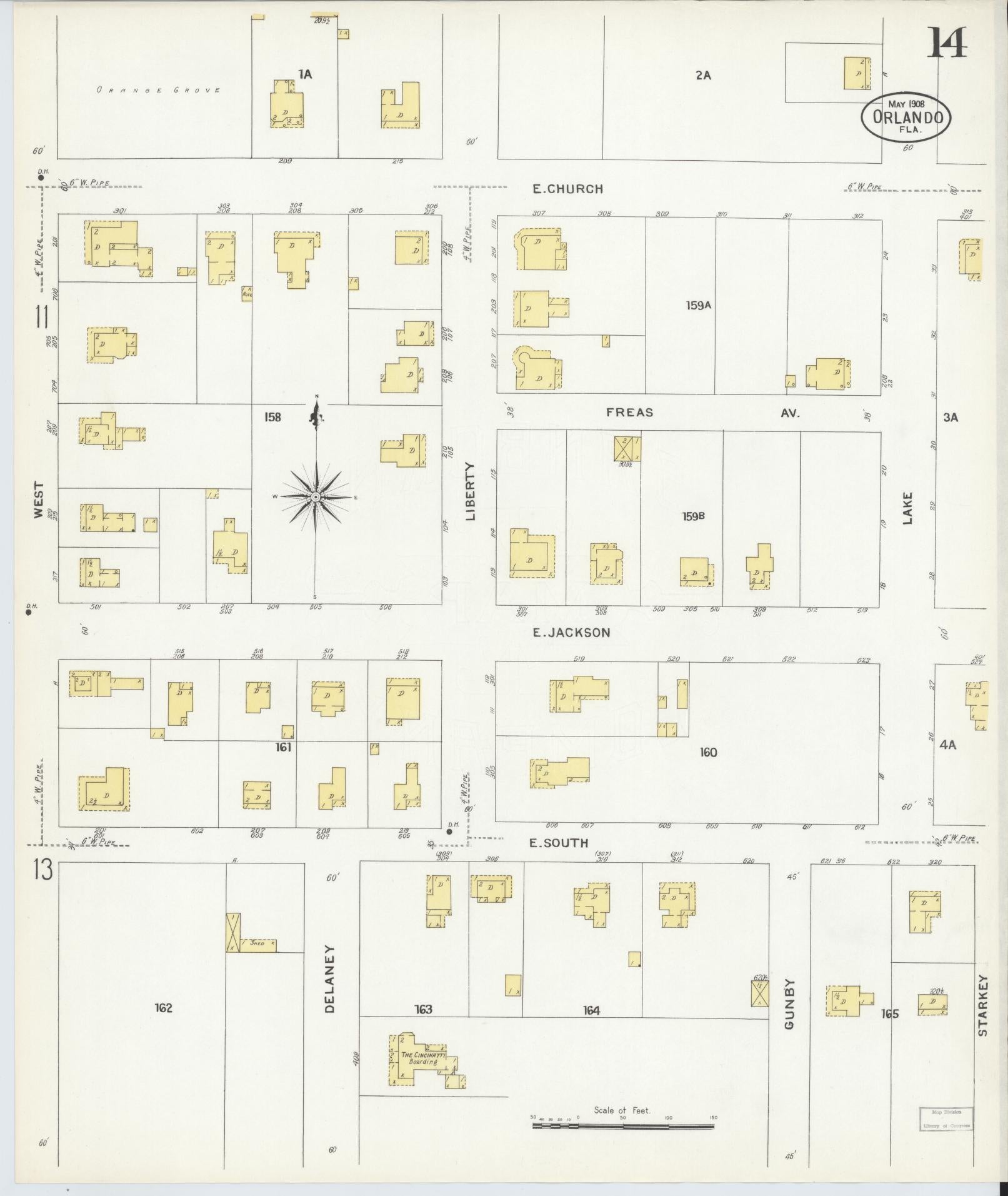 Sanborn Fire Insurance Map from Orlando, Orange County, Florida (1908), Sheet #0014 - Complete Map Set gallery image, historic Sanborn map, vintage wall art, Florida Florida