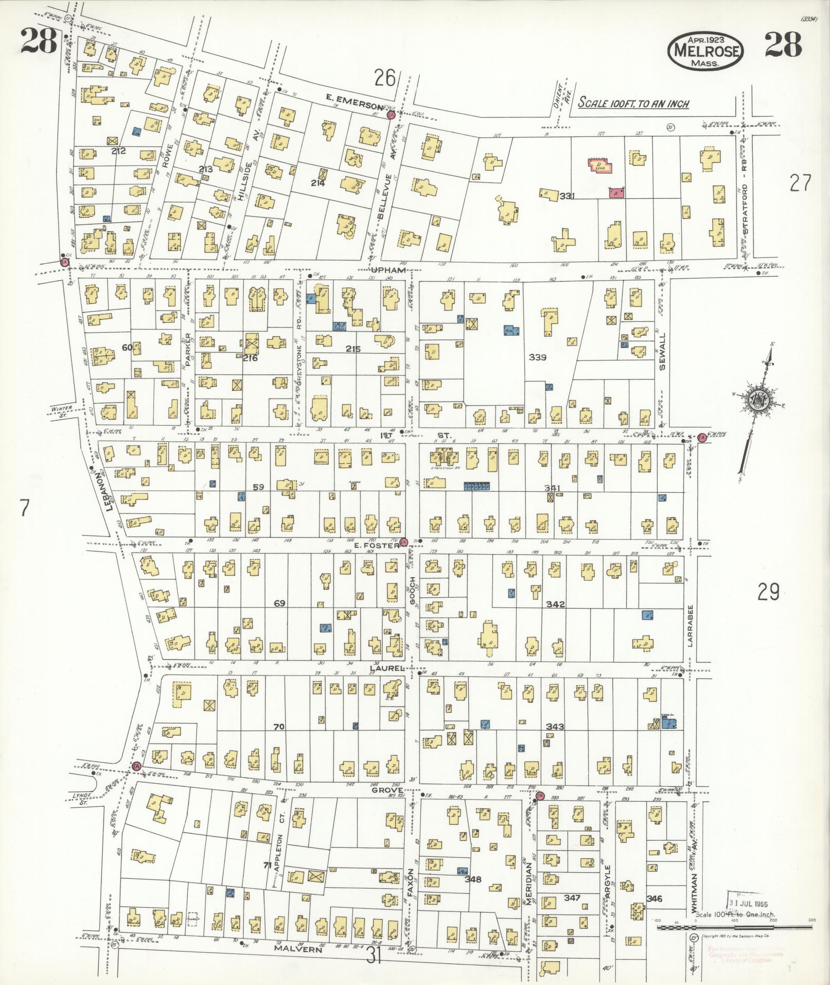 Sanborn Fire Insurance Map from Melrose, Middlesex County, Massachusetts (1923), Sheet #0028 - Complete Map Set gallery image, historic Sanborn map, vintage wall art, Massachusetts Massachusetts