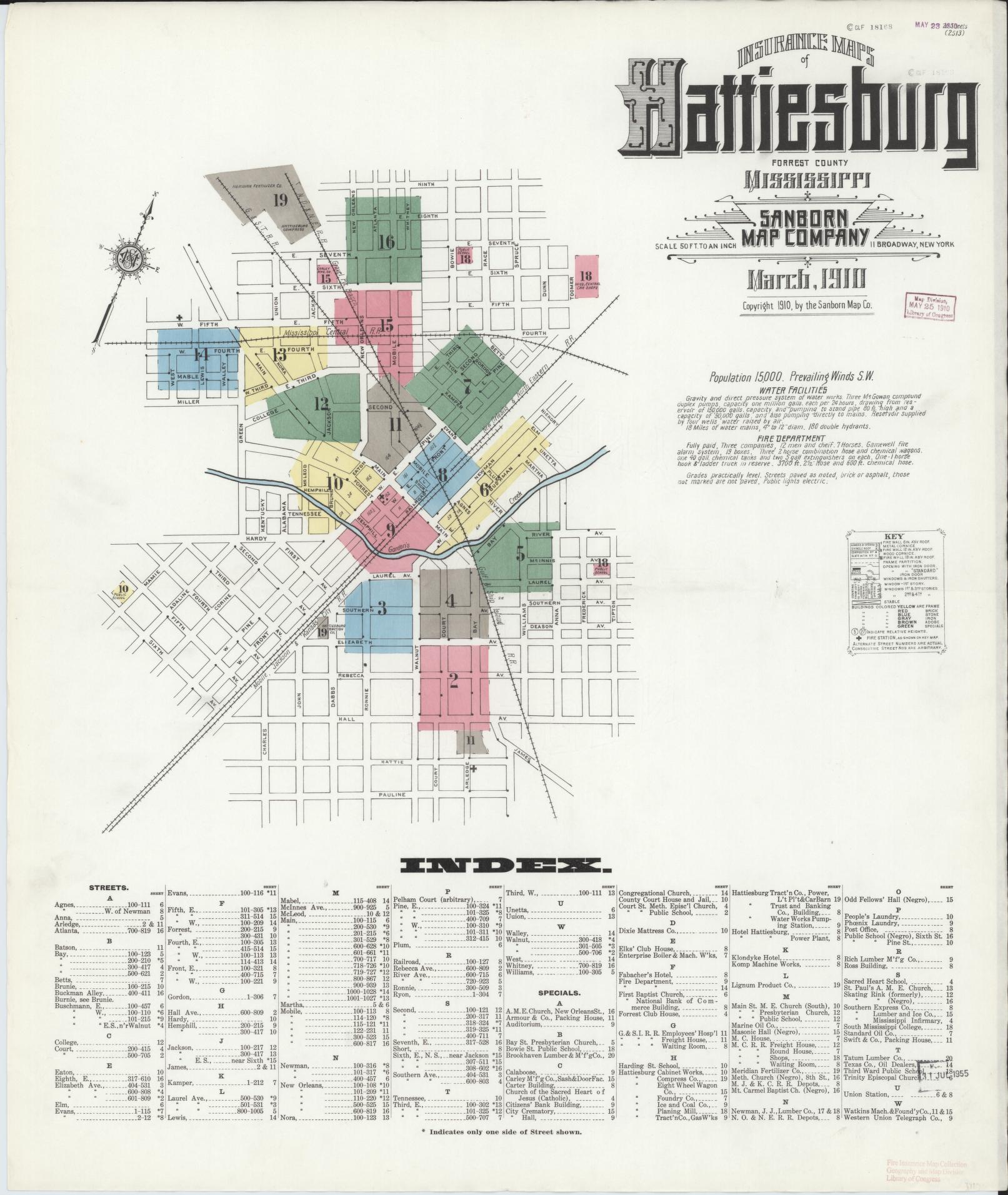 Sanborn Fire Insurance Map from Hattiesburg, Forrest County, Mississippi (1910), Sheet #0001 - Complete Map Set gallery image, historic Sanborn map, vintage wall art, Mississippi Mississippi
