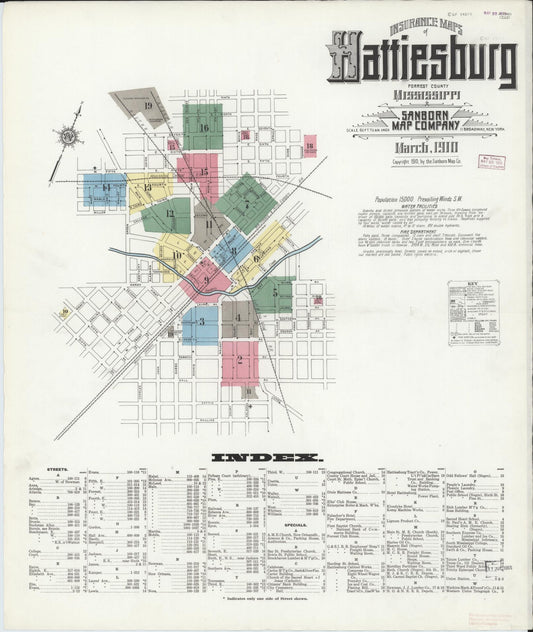 Sanborn Fire Insurance Map from Hattiesburg, Forrest County, Mississippi (1910), Sheet #0001 - Complete Map Set gallery image, historic Sanborn map, vintage wall art, Mississippi Mississippi