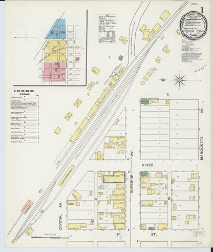Sanborn Fire Insurance Map from Crystal Falls, Iron County, Michigan (1892), Sheet #0001 - Complete Map Set gallery image, historic Sanborn map, vintage wall art, Michigan Michigan