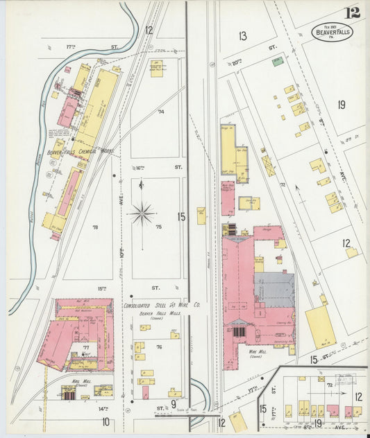 Sanborn Fire Insurance Map from Beaver Falls, Beaver County, Pennsylvania (1901), Sheet #0012 - Historic Sanborn Fire Insurance Map Print, vintage old map wall art, antique decor, genealogy gift, Pennsylvania Pennsylvania map