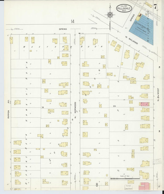 Sanborn Fire Insurance Map from Hillsdale, Hillsdale County, Michigan (1913), Sheet #0007 - Historic Sanborn Fire Insurance Map Print, vintage old map wall art, antique decor, genealogy gift, Michigan Michigan map