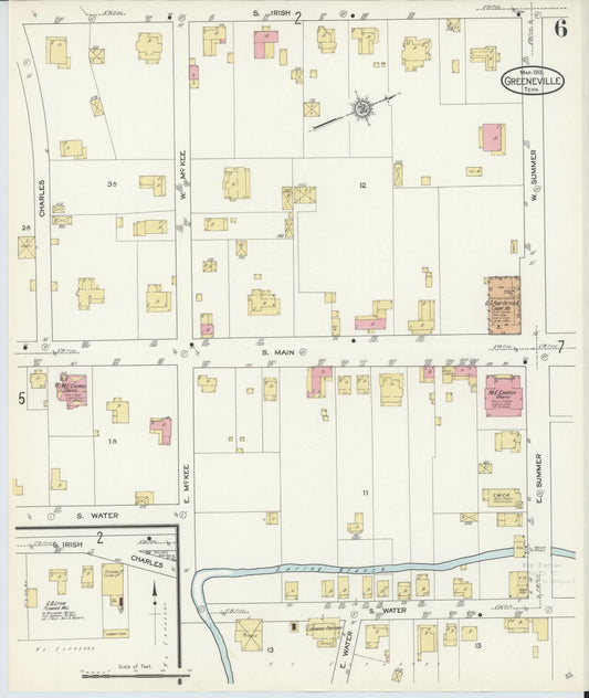 Sanborn Fire Insurance Map from Greeneville, Greene County, Tennessee (1913), Sheet #0006 - Historic Sanborn Fire Insurance Map Print, vintage old map wall art, antique decor, genealogy gift, Tennessee Tennessee map