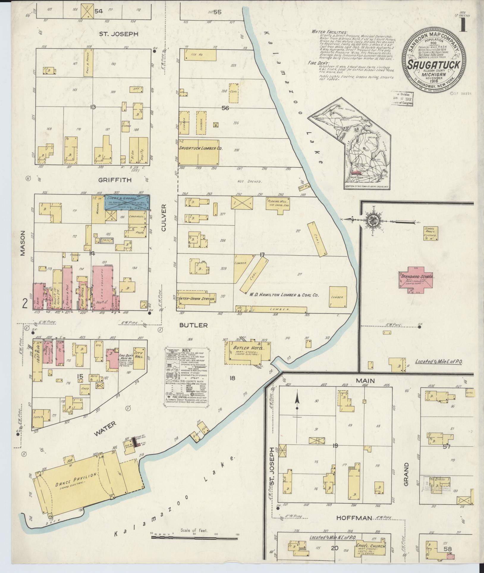 Sanborn Fire Insurance Map from Saugatuck, Allegan County, Michigan (1916), Sheet #0001 - Complete Map Set gallery image, historic Sanborn map, vintage wall art, Michigan Michigan
