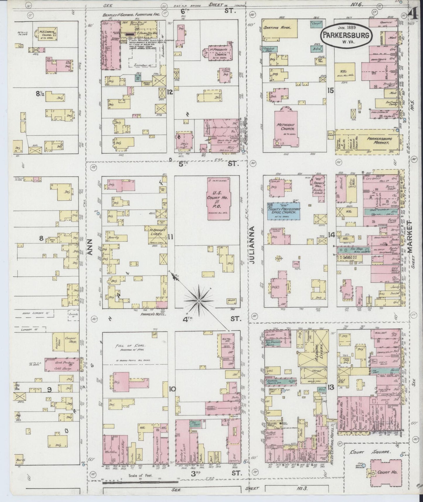 Sanborn Fire Insurance Map from Parkersburg, Wood County, West Virginia (1889), Sheet #0004 - Complete Map Set gallery image, historic Sanborn map, vintage wall art, West Virginia West Virginia