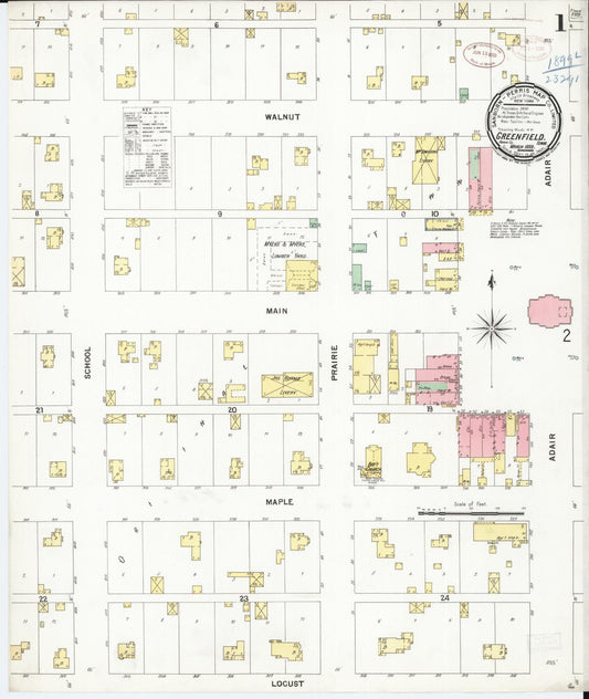 Sanborn Fire Insurance Map from Greenfield, Adair County, Iowa (1899), Sheet #0001 - Historic Sanborn Fire Insurance Map Print, vintage old map wall art