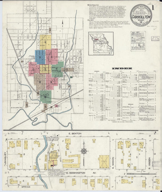 Sanborn Fire Insurance Map from Carrollton, Carroll County, Missouri (1916), Sheet #0001 - Historic Sanborn Fire Insurance Map Print, vintage old map wall art, antique decor, genealogy gift, Missouri Missouri map