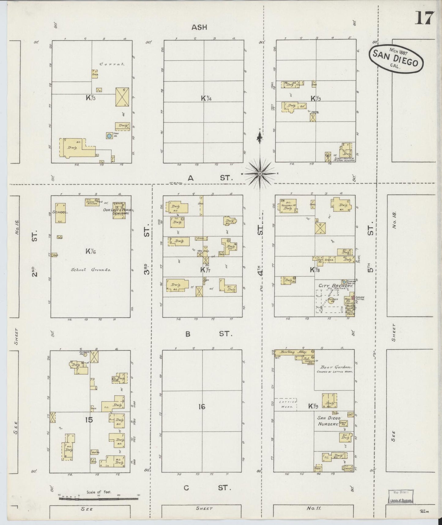 Sanborn Fire Insurance Map from San Diego, San Diego County, California (1887), Sheet #0017 - Complete Map Set gallery image, historic Sanborn map, vintage wall art, California California