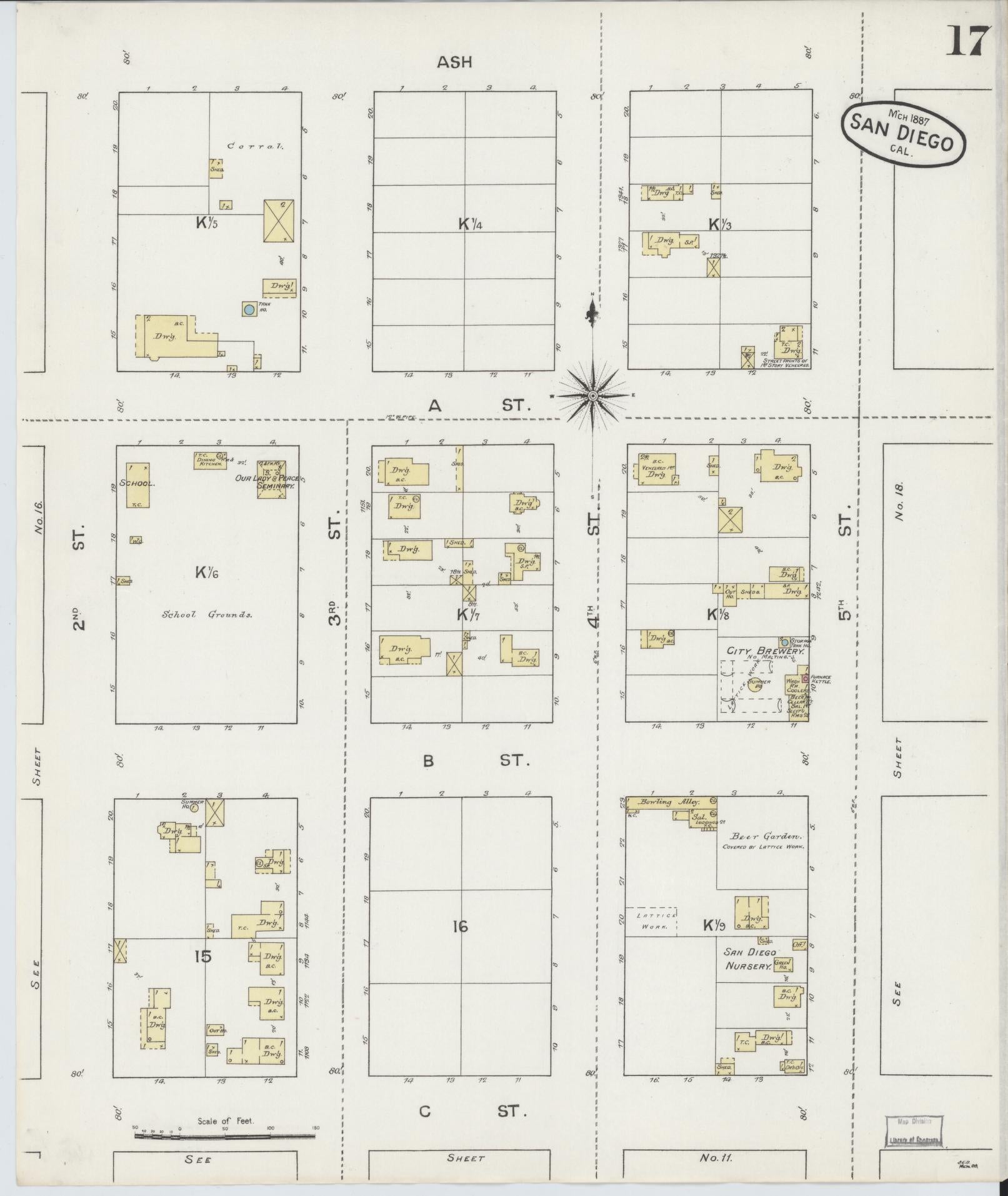 Sanborn Fire Insurance Map from San Diego, San Diego County, California (1887), Sheet #0017 - Complete Map Set gallery image, historic Sanborn map, vintage wall art, California California