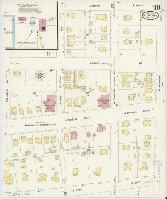 Sanborn Fire Insurance Map from Muskogee, Muskogee County, Oklahoma (1907), Sheet #0018 - Historic Sanborn Fire Insurance Map Print, vintage old map wall art, antique decor, genealogy gift, Oklahoma Oklahoma map