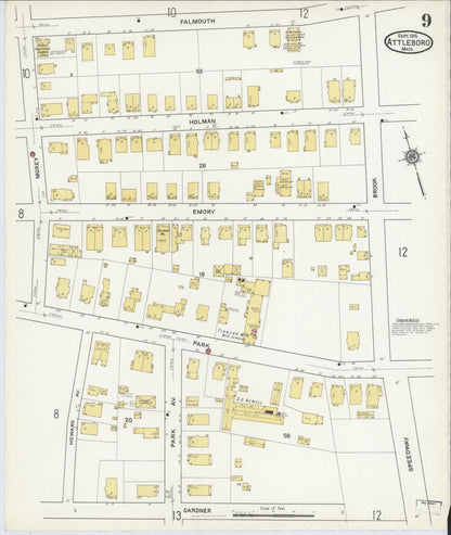 Sanborn Fire Insurance Map from Attleboro, Bristol County, Massachusetts (1916), Sheet #0009 - Complete Map Set gallery image, historic Sanborn map, vintage wall art, Massachusetts Massachusetts
