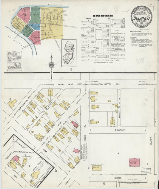 Sanborn Fire Insurance Map from Delanco, Burlington County, New Jersey (1921), Sheet #0001 - Historic Sanborn Fire Insurance Map Print, vintage old map wall art, antique decor, genealogy gift, New Jersey New Jersey map