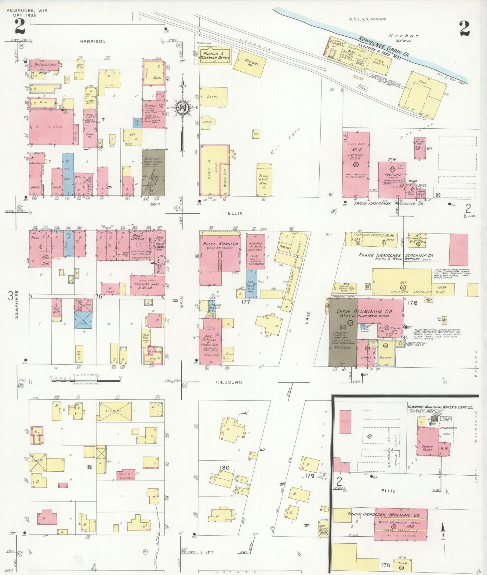 Sanborn Fire Insurance Map from Kewaunee, Kewaunee County, Wisconsin (1933), Sheet #0002 - Historic Sanborn Fire Insurance Map Print, vintage old map wall art, antique decor, genealogy gift, Wisconsin Wisconsin map