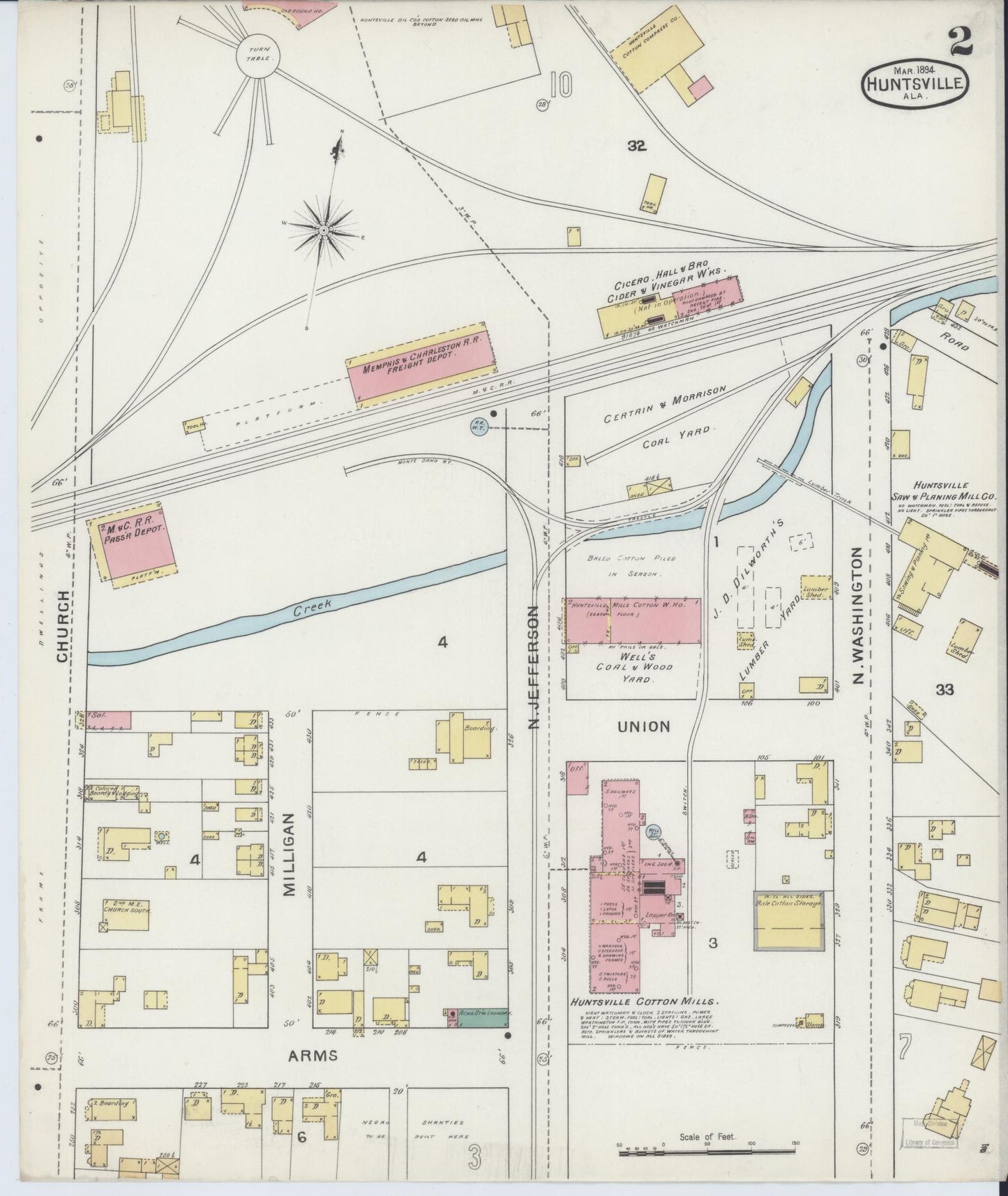 Sanborn Fire Insurance Map from Huntsville, Madison County, Alabama (1894), Sheet #0002 - Complete Map Set gallery image, historic Sanborn map, vintage wall art, Alabama Alabama