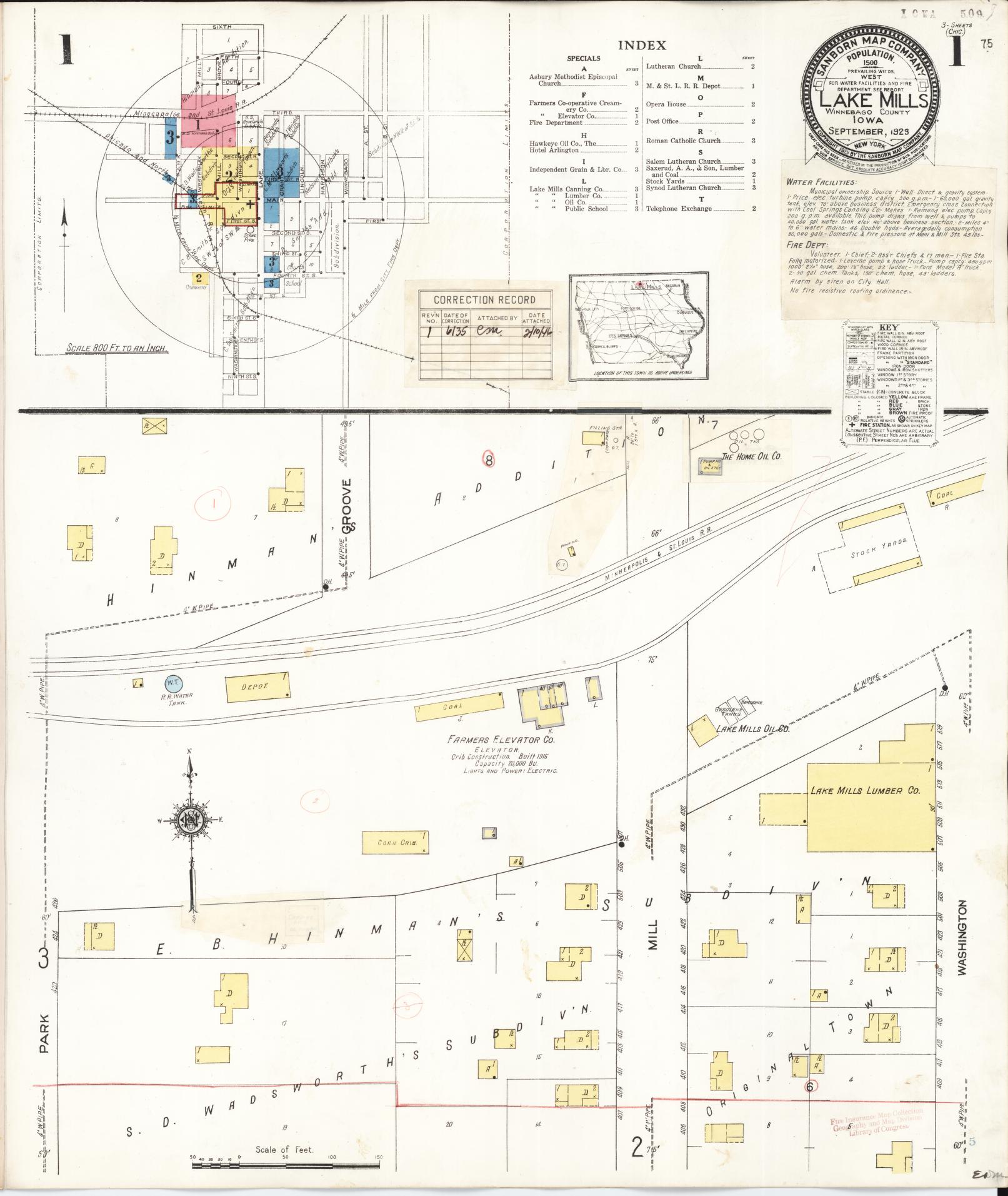 Sanborn Fire Insurance Map from Lake Mills, Winnebago County, Iowa (1935), Sheet #0001 - Historic Sanborn Fire Insurance Map Print, vintage old map wall art