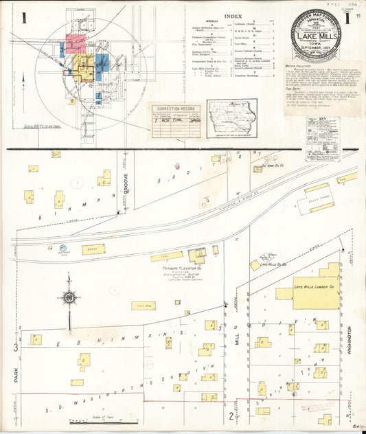 Sanborn Fire Insurance Map from Lake Mills, Winnebago County, Iowa (1935), Sheet #0001 - Historic Sanborn Fire Insurance Map Print, vintage old map wall art