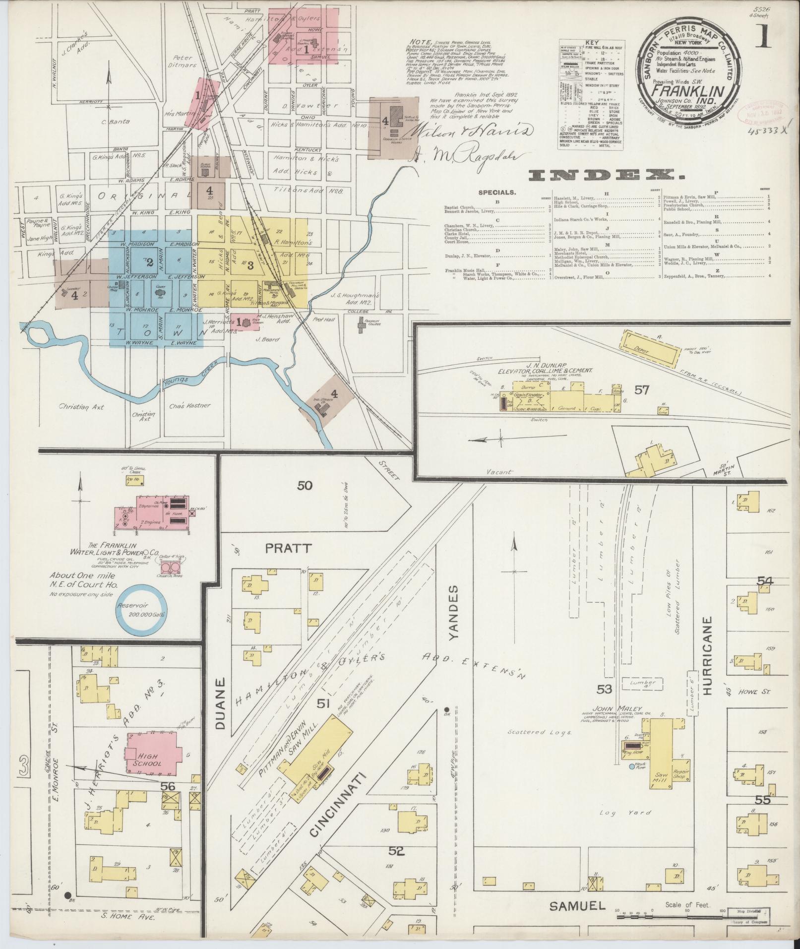 Sanborn Fire Insurance Map from Franklin, Johnson County, Indiana (1892), Sheet #0001 - Historic Sanborn Fire Insurance Map Print, vintage old map wall art, antique decor, genealogy gift, Indiana Indiana map