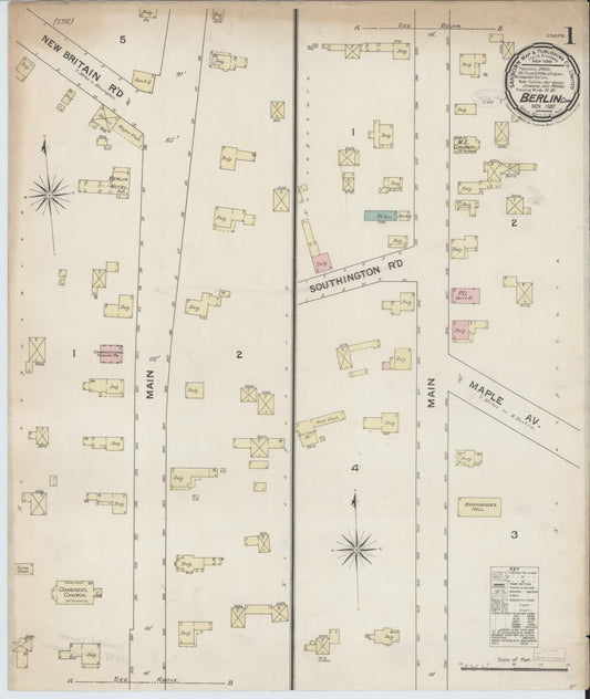 Sanborn Fire Insurance Map from Berlin, Hartford County, Connecticut (1887), Sheet #0001 - Historic Sanborn Fire Insurance Map Print, vintage old map wall art, antique decor, genealogy gift, Connecticut Connecticut map