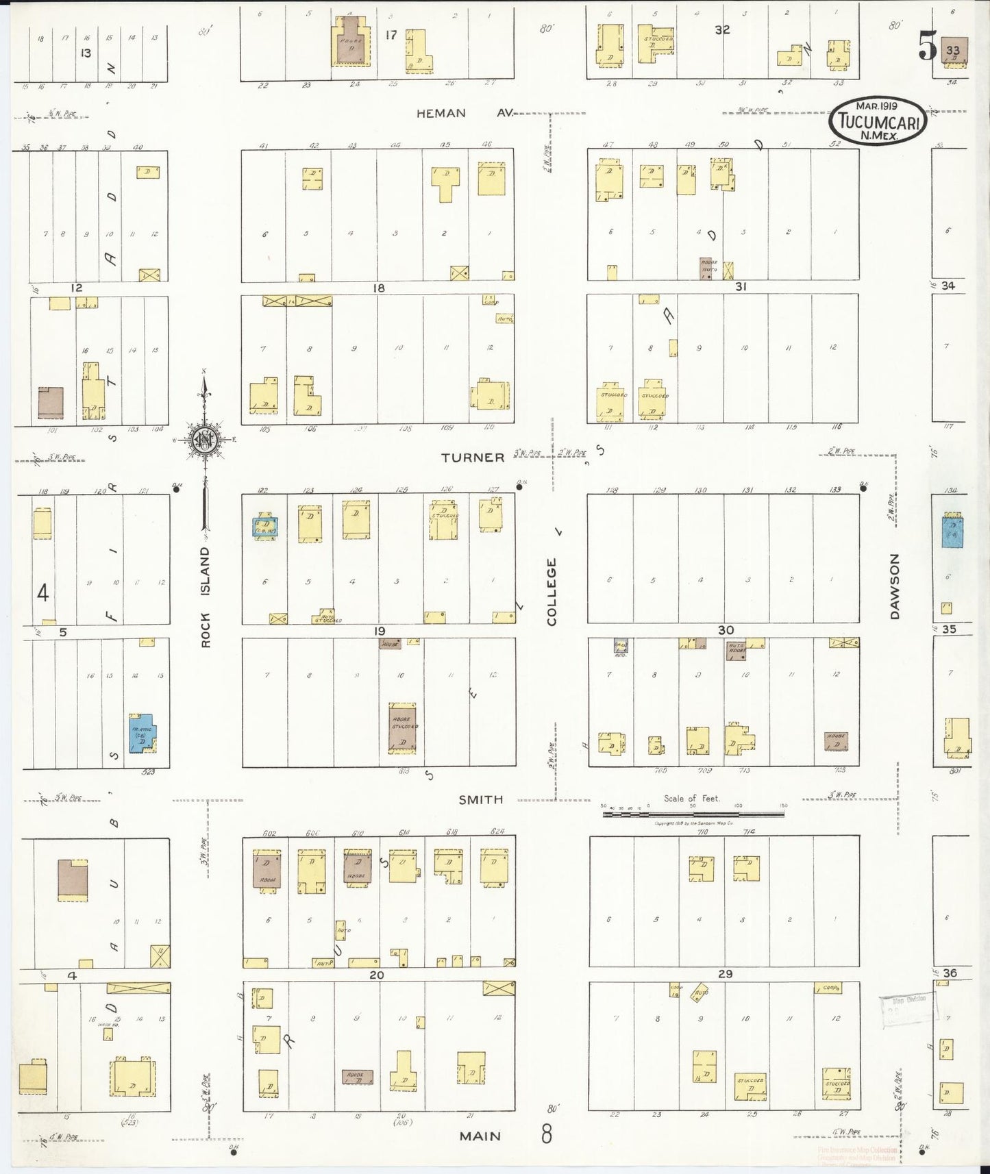Sanborn Fire Insurance Map from Tucumcari, Quay County, New Mexico (1919), Sheet #0005 - Historic Sanborn Fire Insurance Map Print, vintage old map wall art, antique decor, genealogy gift, New Mexico New Mexico map