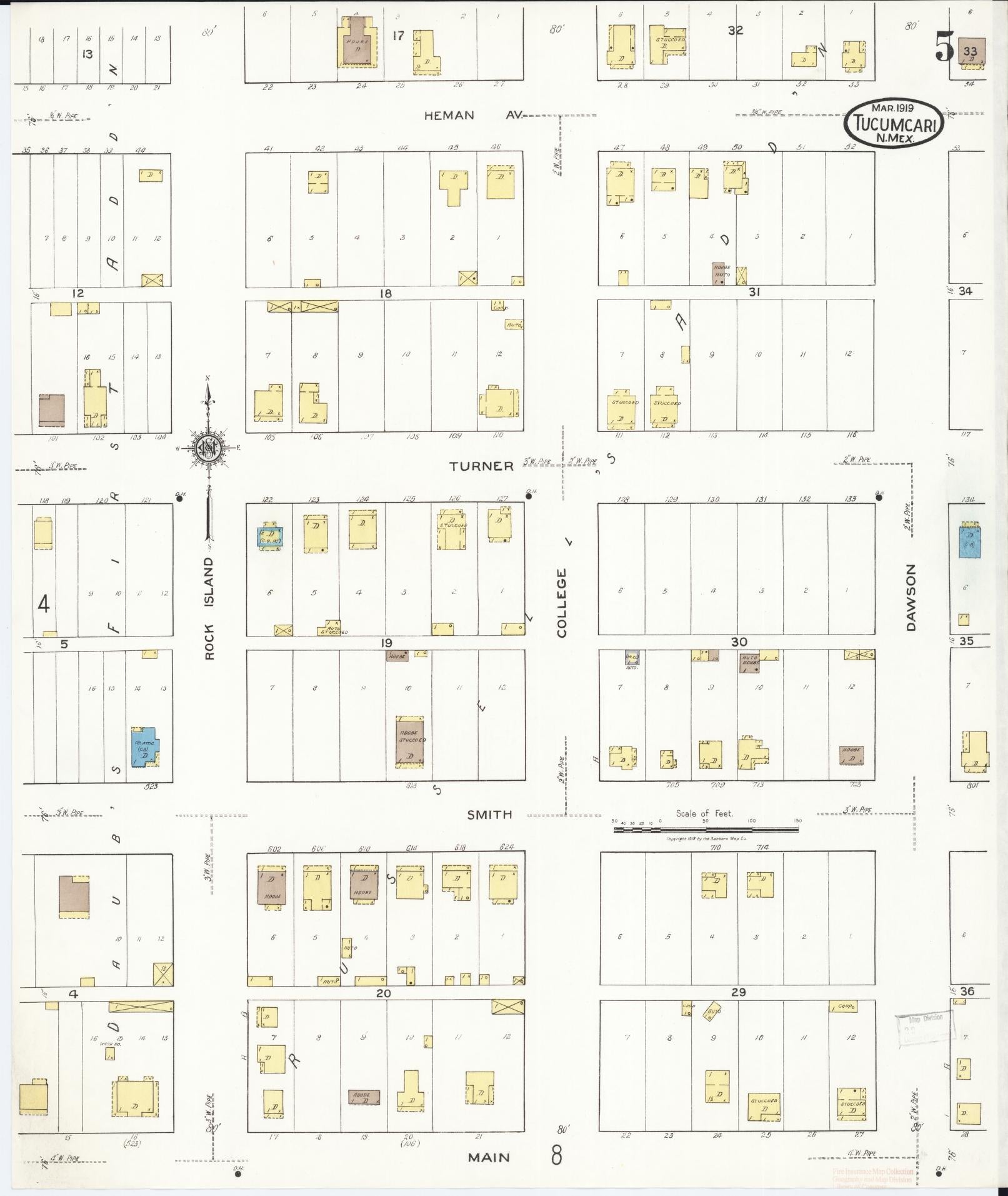 Sanborn Fire Insurance Map from Tucumcari, Quay County, New Mexico (1919), Sheet #0005 - Historic Sanborn Fire Insurance Map Print, vintage old map wall art, antique decor, genealogy gift, New Mexico New Mexico map
