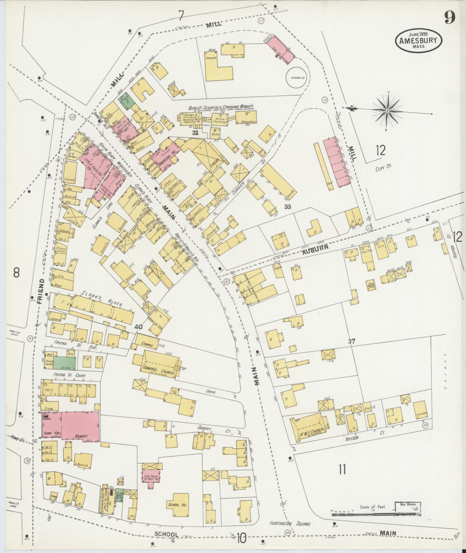 Sanborn Fire Insurance Map from Amesbury, Essex County, Massachusetts (1899), Sheet #0009 - Historic Sanborn Fire Insurance Map Print, vintage old map wall art, antique decor, genealogy gift, Massachusetts Massachusetts map