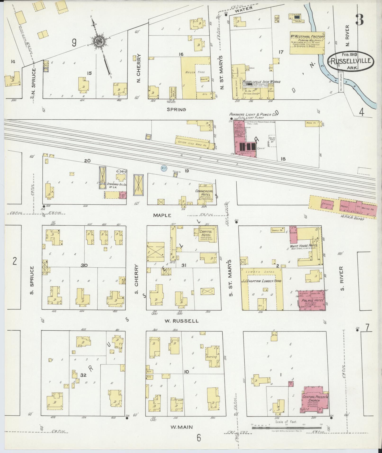 Sanborn Fire Insurance Map from Russellville, Pope County, Arkansas (1919), Sheet #0003 - Historic Sanborn Fire Insurance Map Print, vintage old map wall art, antique decor, genealogy gift, Arkansas Arkansas map