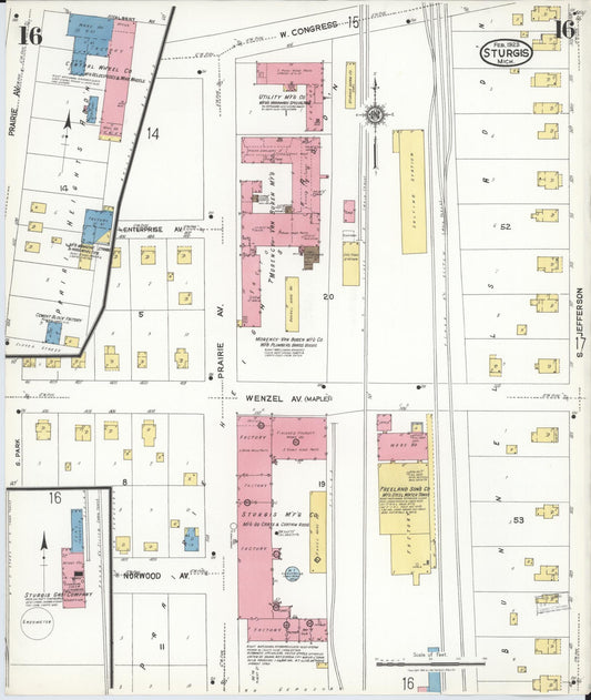 Sanborn Fire Insurance Map from Sturgis, Saint Joseph County, Michigan (1923), Sheet #0016 - Historic Sanborn Fire Insurance Map Print, vintage old map wall art, antique decor, genealogy gift, Michigan Michigan map