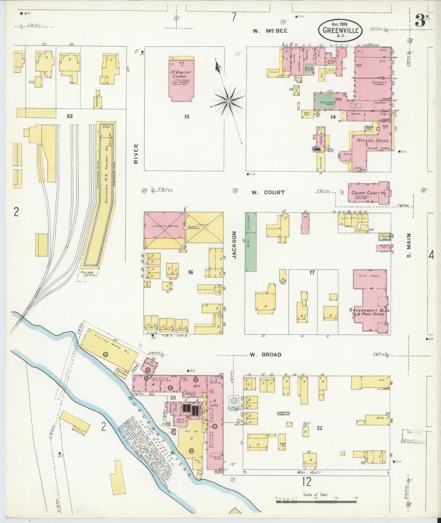Sanborn Fire Insurance Map from Greenville, Greenville County, South Carolina (1908), Sheet #0003 - Complete Map Set gallery image, historic Sanborn map, vintage wall art, South Carolina South Carolina
