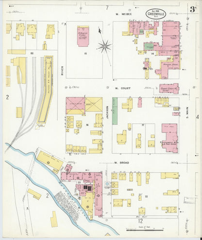 Sanborn Fire Insurance Map from Greenville, Greenville County, South Carolina (1908), Sheet #0003 - Complete Map Set gallery image, historic Sanborn map, vintage wall art, South Carolina South Carolina