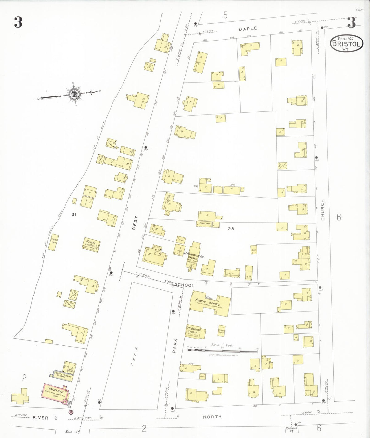 Sanborn Fire Insurance Map from Bristol, Addison County, Vermont (1927), Sheet #0003 - Complete Map Set gallery image, historic Sanborn map, vintage wall art, Vermont Vermont