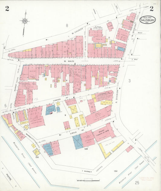 Sanborn Fire Insurance Map from Salisbury, Wicomico County, Maryland (1931), Sheet #0002 - Historic Sanborn Fire Insurance Map Print, vintage old map wall art