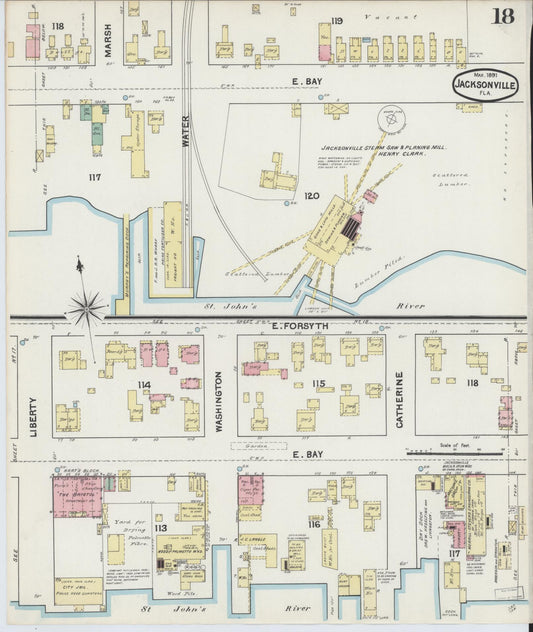 Sanborn Fire Insurance Map from Jacksonville, Duval County, Florida (1891), Sheet #0018 - Historic Sanborn Fire Insurance Map Print, vintage old map wall art, antique decor, genealogy gift, Florida Florida map