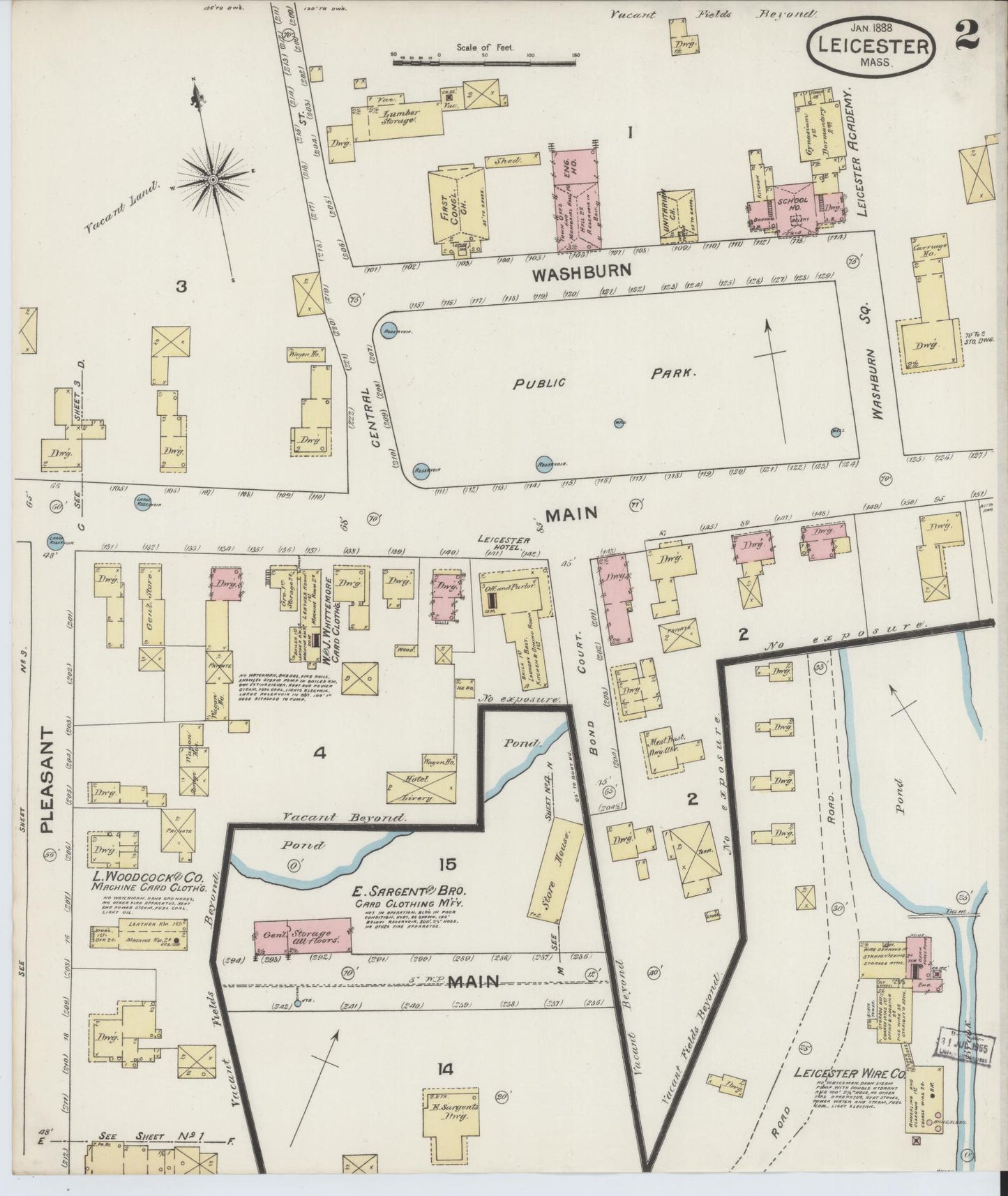 Sanborn Fire Insurance Map from Leicester, Worcester County, Massachusetts (1888), Sheet #0002 - Historic Sanborn Fire Insurance Map Print, vintage old map wall art, antique decor, genealogy gift, Massachusetts Massachusetts map