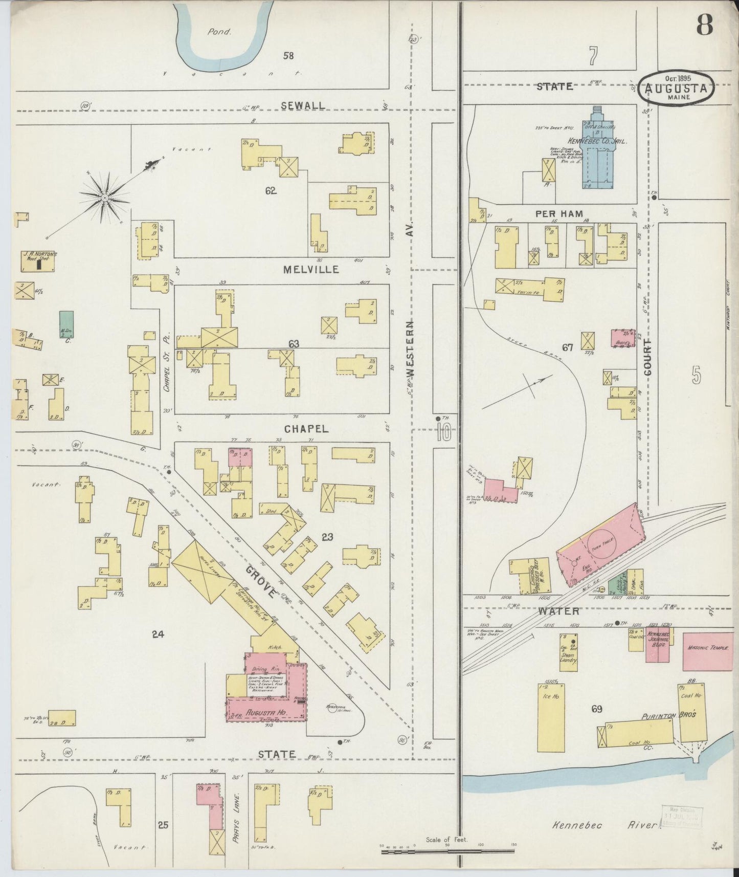 Sanborn Fire Insurance Map from Augusta, Kennebec County, Maine (1895), Sheet #0008 - Complete Map Set gallery image, historic Sanborn map, vintage wall art, Maine Maine