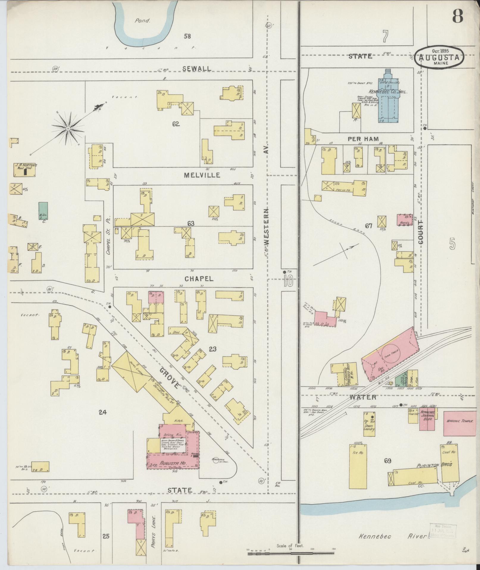 Sanborn Fire Insurance Map from Augusta, Kennebec County, Maine (1895), Sheet #0008 - Complete Map Set gallery image, historic Sanborn map, vintage wall art, Maine Maine