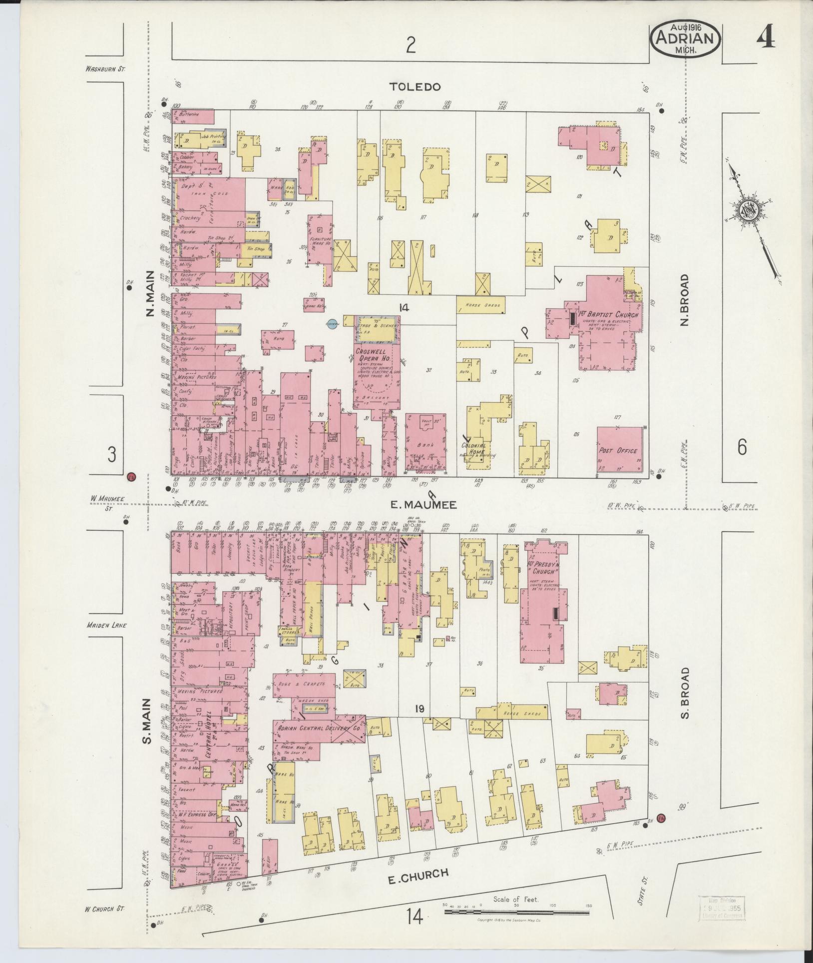 Sanborn Fire Insurance Map from Adrian, Lenawee County, Michigan (1916), Sheet #0004 - Complete Map Set gallery image, historic Sanborn map, vintage wall art, Michigan Michigan