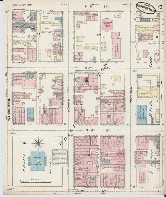 Sanborn Fire Insurance Map from Springfield, Sangamon County, Illinois (1884), Sheet #0007 - Historic Sanborn Fire Insurance Map Print, vintage old map wall art, antique decor, genealogy gift, Illinois Illinois map