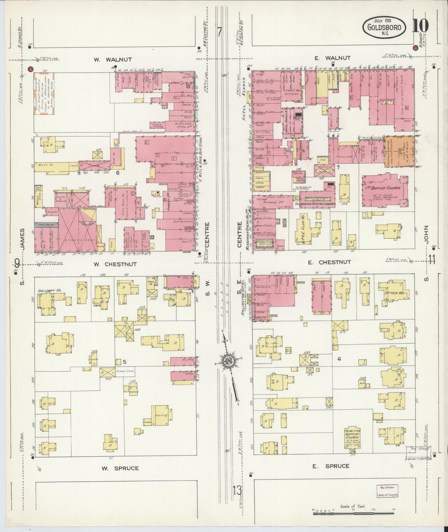 Sanborn Fire Insurance Map from Goldsboro, Wayne County, North Carolina (1913), Sheet #0010 - Complete Map Set gallery image, historic Sanborn map, vintage wall art, North Carolina North Carolina