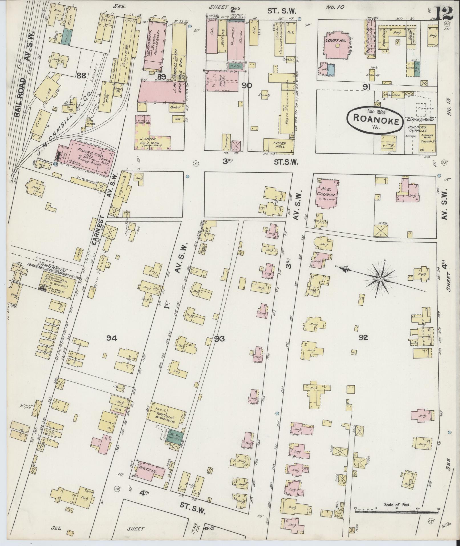 Sanborn Fire Insurance Map from Roanoke, Independent Cities, Virginia (1889), Sheet #0012 - Historic Sanborn Fire Insurance Map Print, vintage old map wall art, antique decor, genealogy gift, Virginia Virginia map