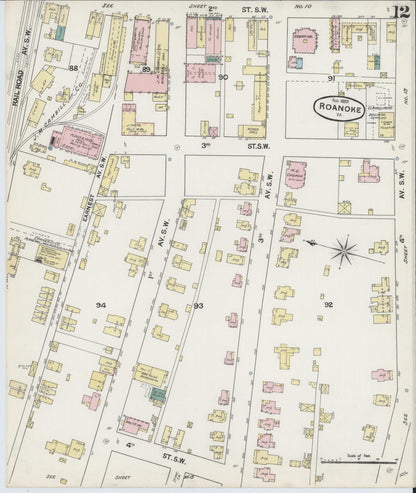 Sanborn Fire Insurance Map from Roanoke, Independent Cities, Virginia (1889), Sheet #0012 - Historic Sanborn Fire Insurance Map Print, vintage old map wall art, antique decor, genealogy gift, Virginia Virginia map