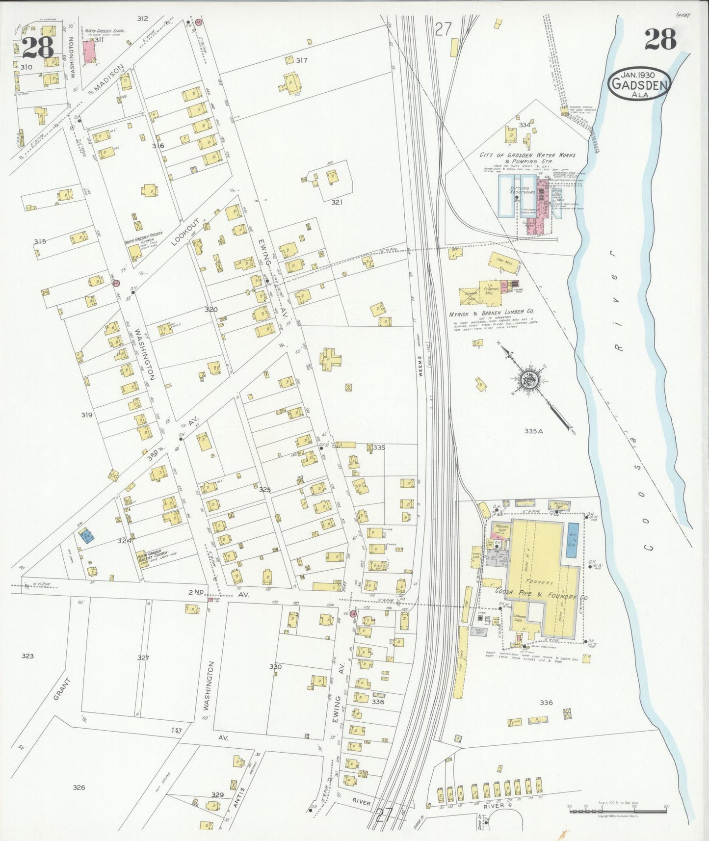 Sanborn Fire Insurance Map from Gadsden, Etowah County, Alabama (1930), Sheet #0028 - Historic Sanborn Fire Insurance Map Print, vintage old map wall art, antique decor, genealogy gift, Alabama Alabama map