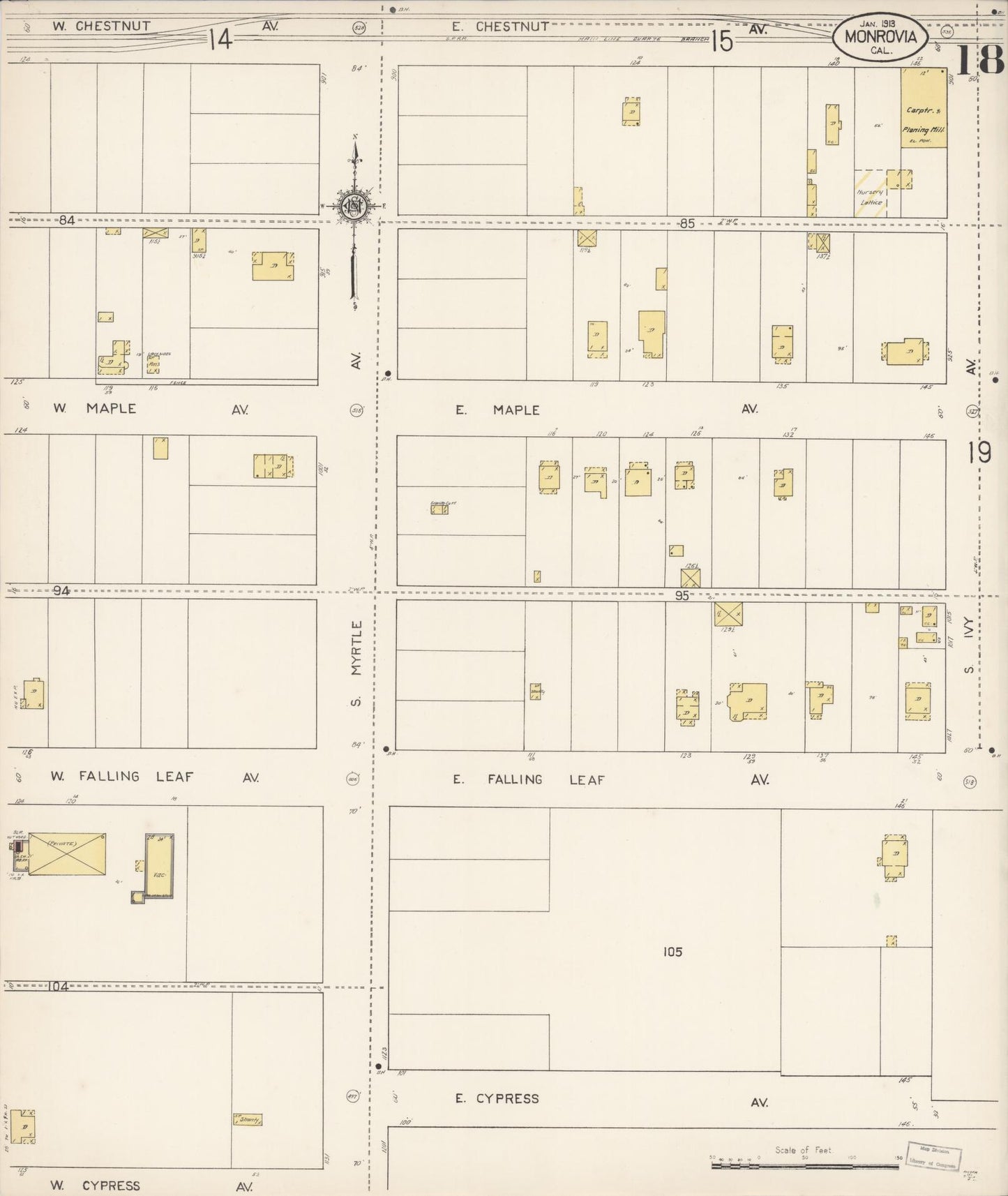 Sanborn Fire Insurance Map from Monrovia, Los Angeles County, California (1913), Sheet #0018 - Complete Map Set gallery image, historic Sanborn map, vintage wall art, California California