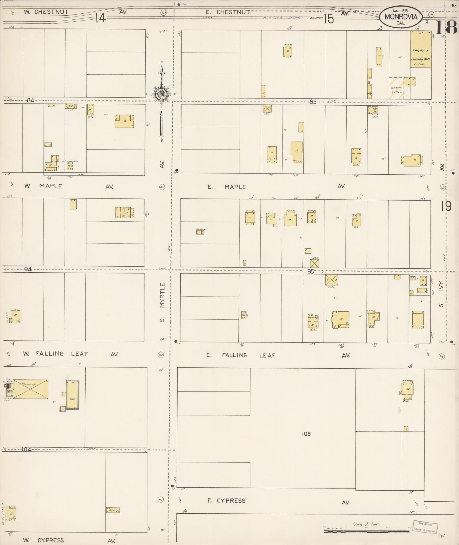 Sanborn Fire Insurance Map from Monrovia, Los Angeles County, California (1913), Sheet #0018 - Complete Map Set gallery image, historic Sanborn map, vintage wall art, California California