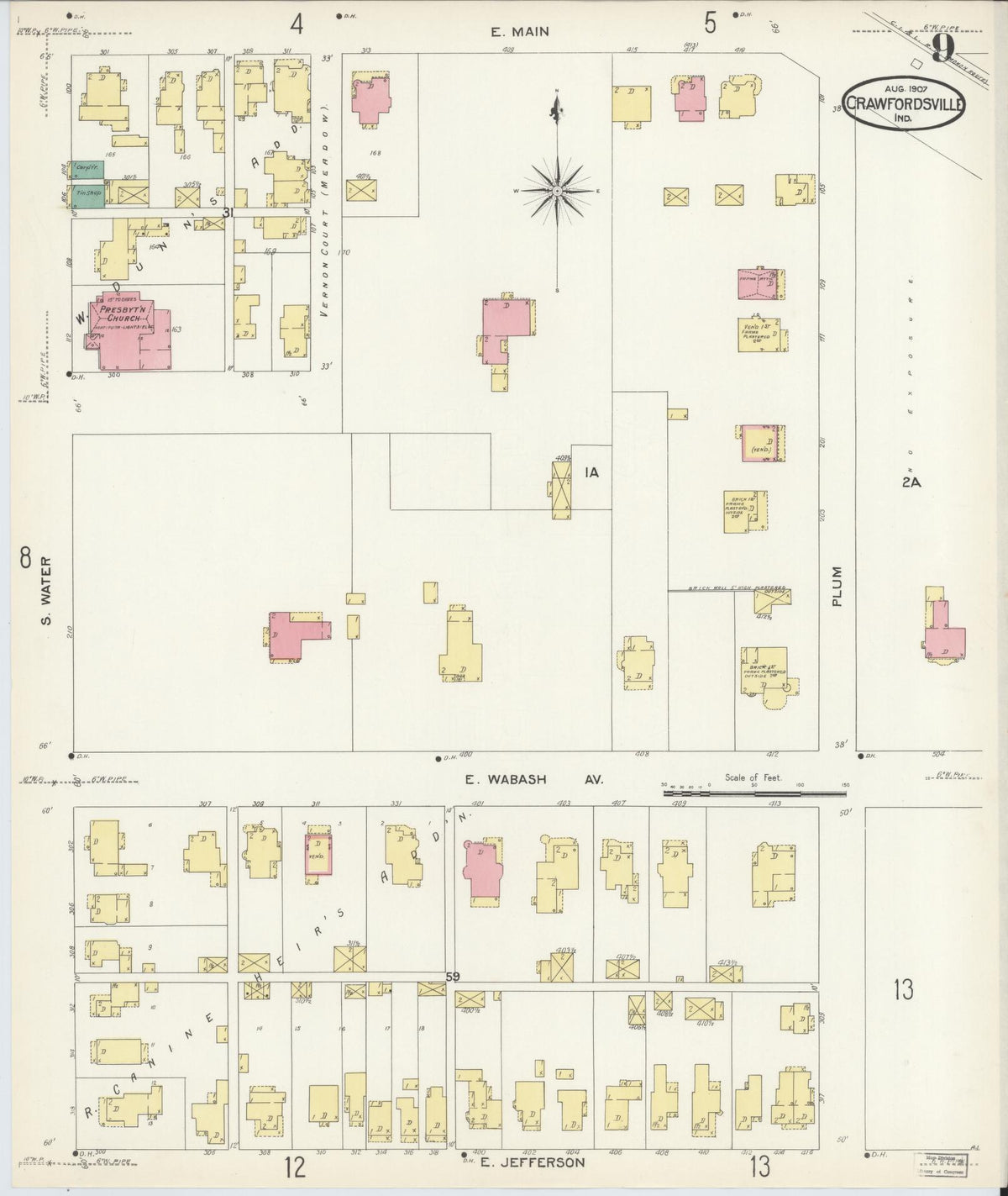 Sanborn Fire Insurance Map from Crawfordsville, Montgomery County, Indiana (1907), Sheet #0009 - Historic Sanborn Fire Insurance Map Print, vintage old map wall art, antique decor, genealogy gift, Indiana Indiana map