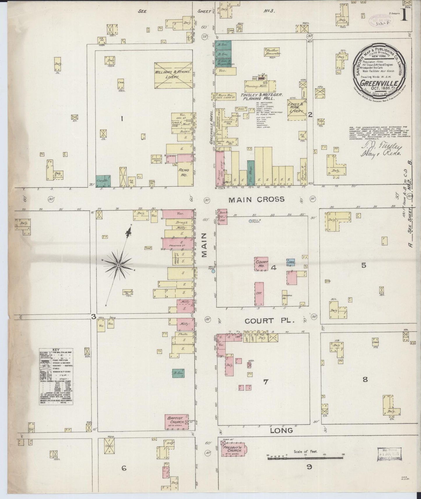 Sanborn Fire Insurance Map from Greenville, Muhlenberg County, Kentucky (1886), Sheet #0001 - Historic Sanborn Fire Insurance Map Print, vintage old map wall art, antique decor, genealogy gift, Kentucky Kentucky map